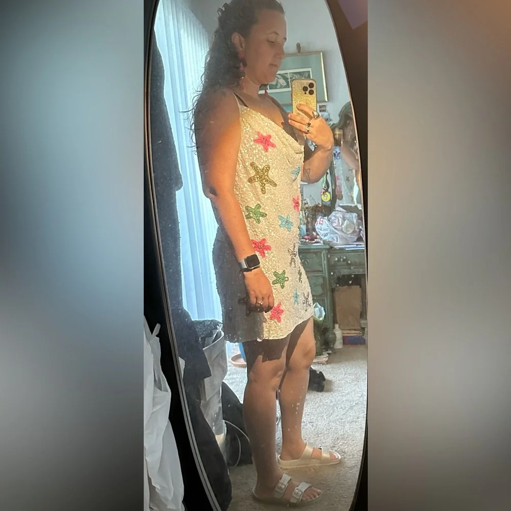 NWT Show Me Your MuMu White Sequin Multi-Color Star Spaghetti Strap Slip Dress - Picture 12 of 16